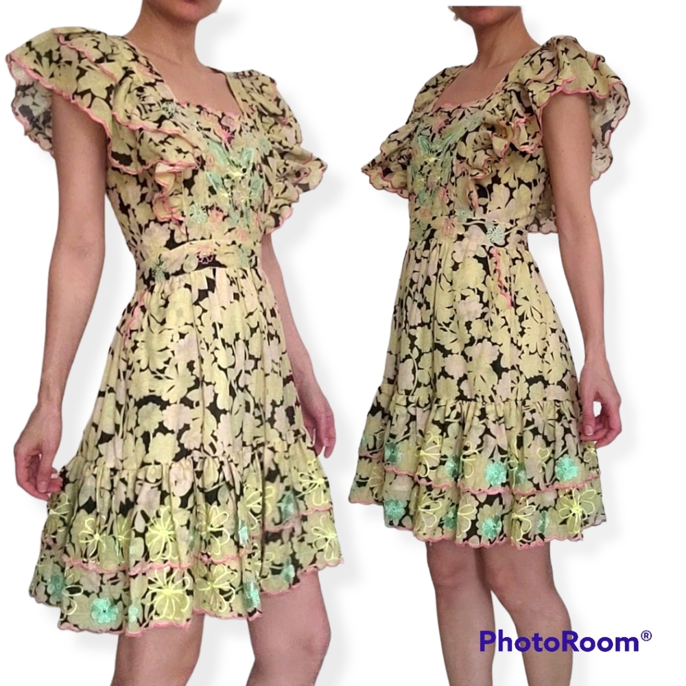 Alex Vinash New York Yellow Floral Embroidered Ruffled Tiered Mini Dress Size S